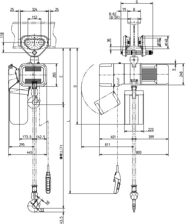 Abmaße des Kito Elektrokettenzug ER2SP025IS 2500kg
