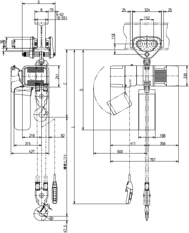 Abmaße des Kito Elektrokettenzug ER2SP032IS 3200kg
