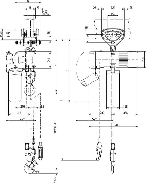 Abmaße des Kito Elektrokettenzug ER2SP032S 3200kg