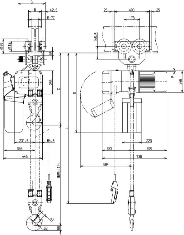 Abmaße des Kito Elektrokettenzug ER2SP050S 5000kg