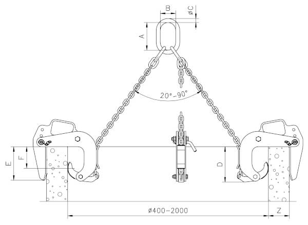 Masszeichnung von Yale Betonrohr-Transportgehänge BTG 3.0/180 TM-N inkl. 3-str. Gehänge