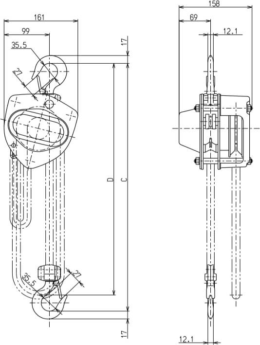 Abmessungen Flaschenzug 500 kg Tragkraft CB-005