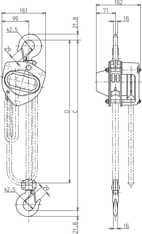 Abmessungen Flaschenzug 1000 kg Tragkraft CB-010