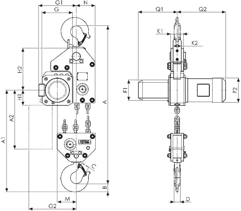 Masszeichnung von Yale Elekrokettenzug CPE