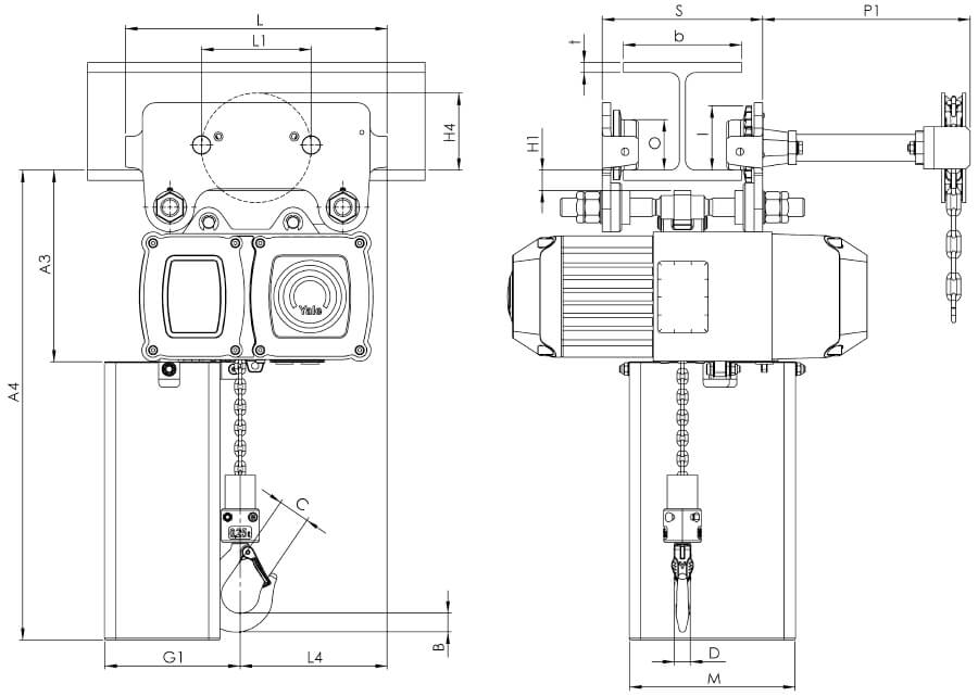 Masszeichnung von Yale Elektrokettenzug mit Haspelfahrwerk VTG CPVF 20-4