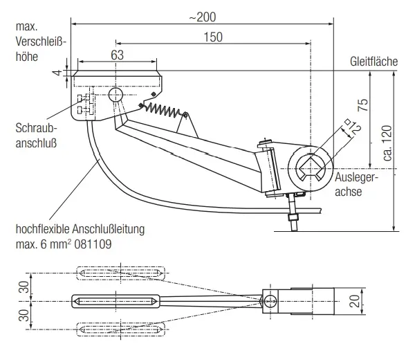 Abmessungen Conductix Wampfler Stromabnehmer 081102 in Langarmausführung mit 63mm Schleiflänge Abmessungen Conductix Wampfler Stromabnehmer 081102 in Langarmausführung mit 63mm Schleiflänge