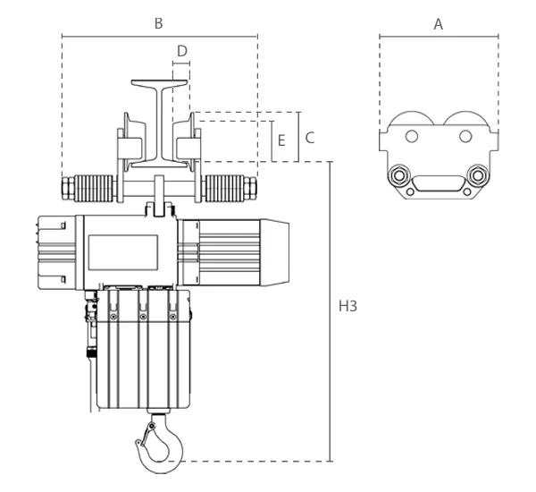 Abmessungen des Delta Elektrokettenzugs DEY