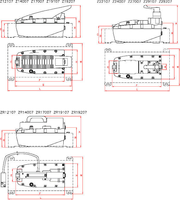 Masszeichnung von Larzep Druckluft-Hydraulikpumpe ZR22107