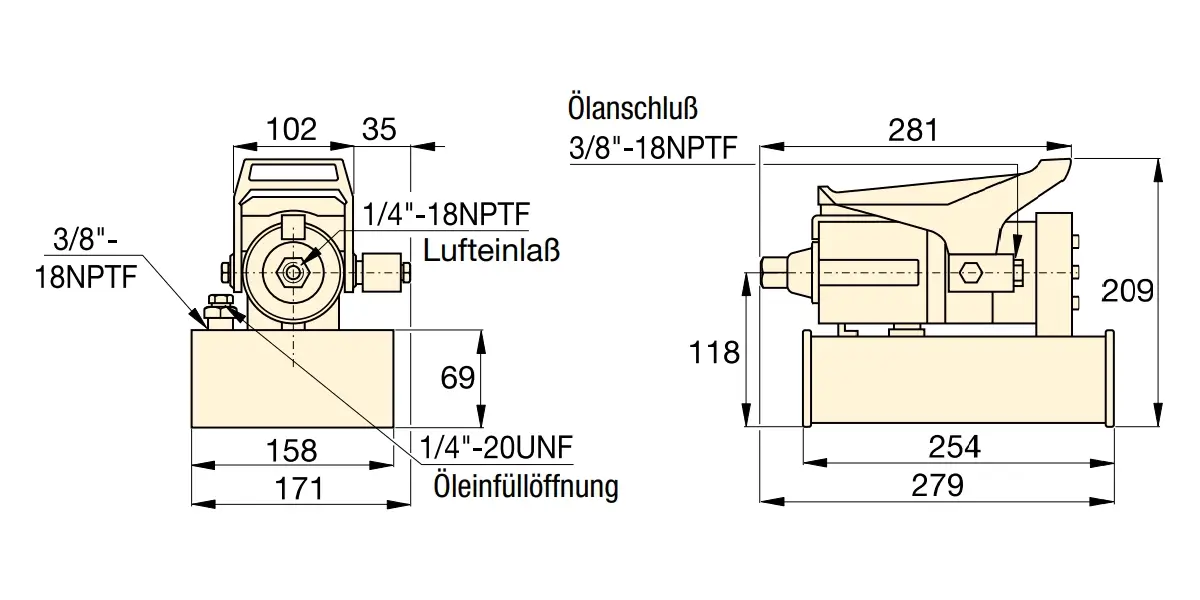 Enerpac Lufthydraulische Pumpe PA Abmessung