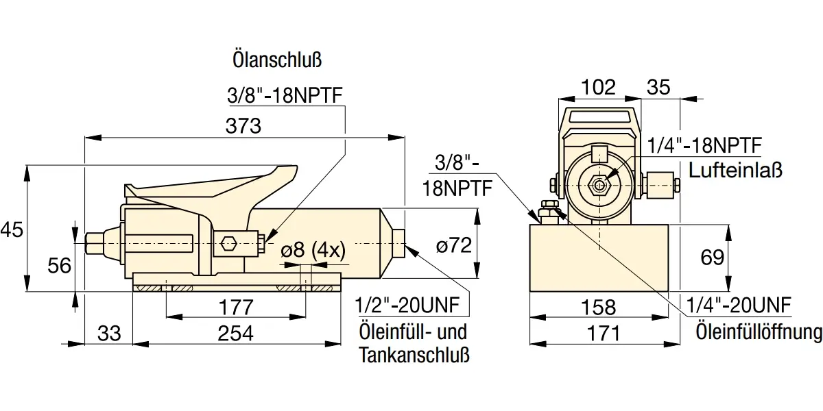 Enerpac Lufthydraulische Pumpe PA Abmessung