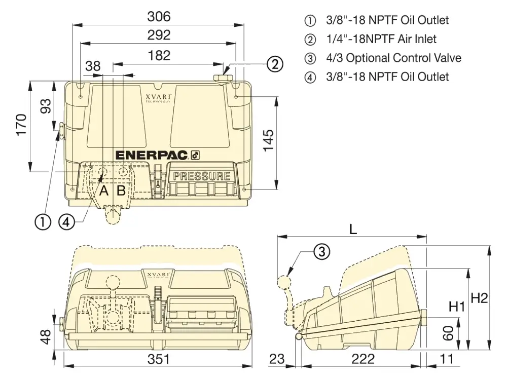 Masszeichnung von Enerpac Luftbetriebene Hydraulikpumpe XA
