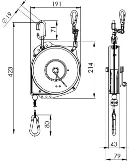 Maßskizze zum Federzug von Yale YFS 03 - 05