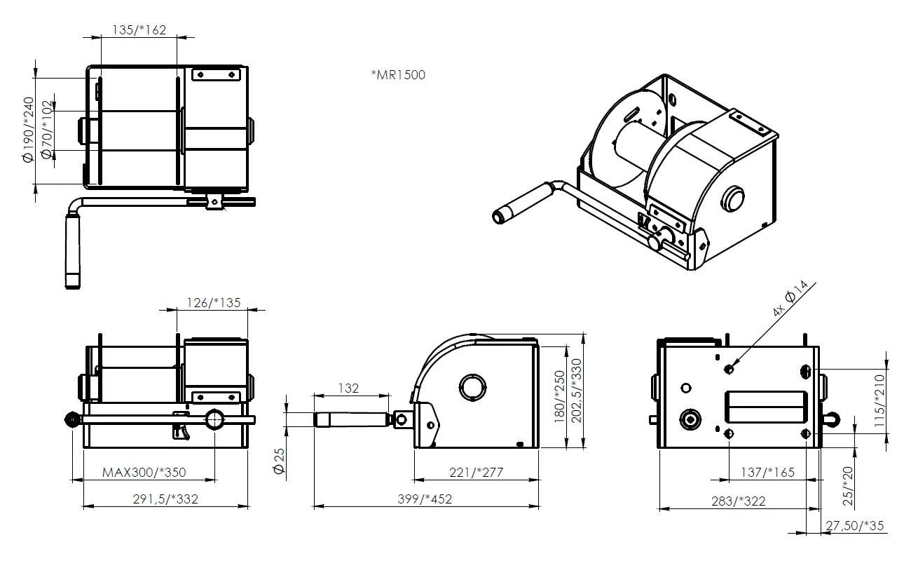 Abmessungen Handseilwinde Edelstahl 316 Abmessungen Handseilwinde Edelstahl 316