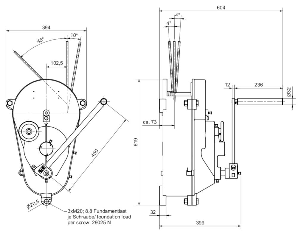 Abmessungen der Wandwinde WH10 mit Bremsregler von Köster-Heide