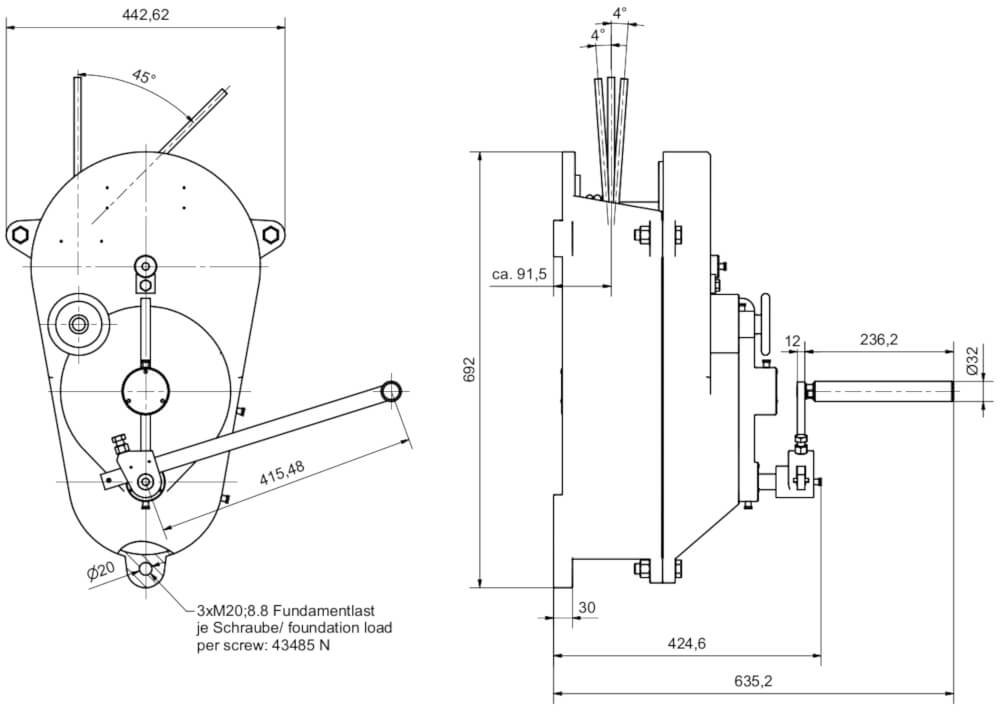 Abmessungen der Wandwinde WH15 mit Bremsregler von Köster-Heide