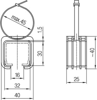 Abmessungen des Conductix-Wampfler Klammer mit Kabelbinder aus Kunststoff