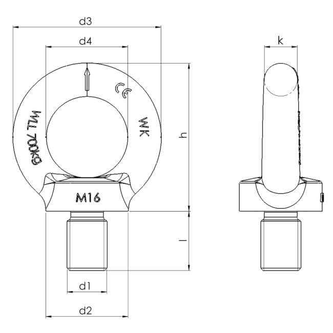 Masszeichnung von Kleinsorge Ringschrauben DIN 580 - C15E 2.10 t, Galv. verzinkt