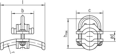 Abmessungen der Conductix-Wampfler Leitungshalter für Befestigung im Bügel