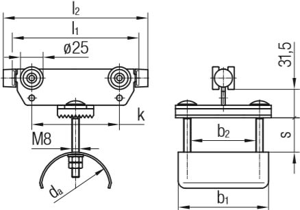 Abmessungen des Conductix-Wampfler Leitungswagen aus Stahl verzinkt, schwere Baureihe