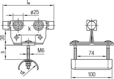 Abmessungen des Conductix-Wampfler Leitungswagen aus Stahl, leichte Baureihe mit Puffer