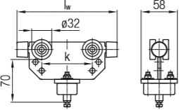 Abmessungen des Wampfler-Conductix Leitungswagens aus Stahl mit Kugelgelenk für Leitungshalter 020131, schwere Ausführung mit Puffer