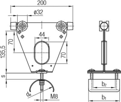 Abmessungen des Conductix-Wampfler Mitnehmerwagen aus Stahl, leichte Baureihe mit Puffer