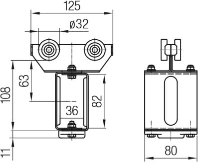 Abmessungen des Mitnehmerwagens aus Stahl mit Kugelgelenk für Leitungshalter 020431, leichte Ausführung ohne Puffer