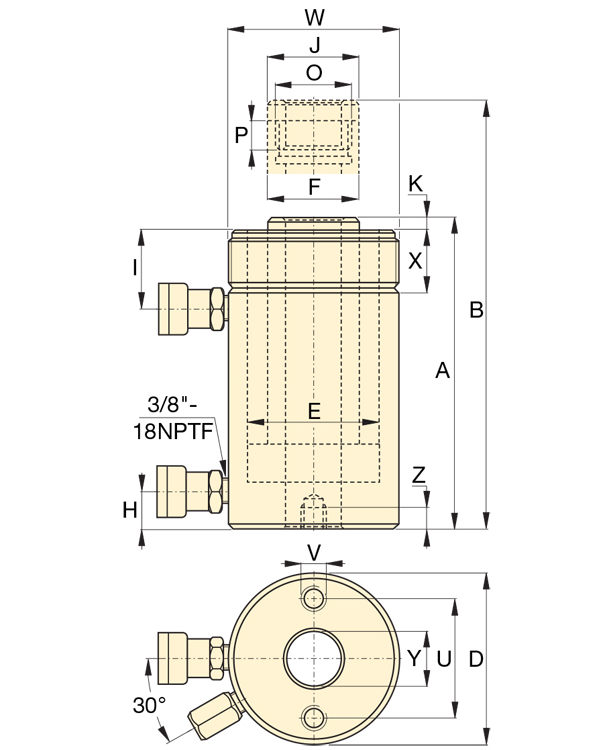 Masszeichnung von Enerpac Hohlkolbenzylinder RRH 603