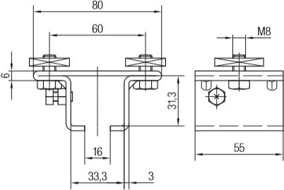 Abmessungen Schienenhalter, einteilig mit Vierkantmutter für Befestigung an Spannarmen