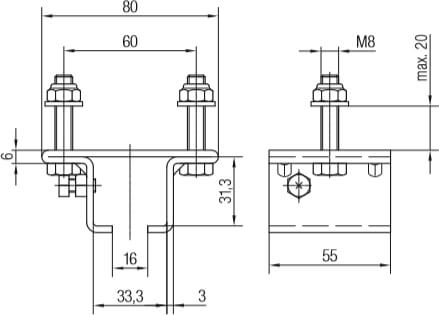 Abmessungen Schienenhalter, einteilig für die Befestigung an bauseits vorhandenen Haltearmen