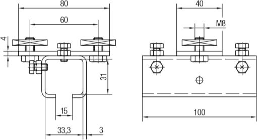 Abmessungen Schienenhalter und -verbinder, einteilig mit Vierkantmutter für die Befestigung an Spannarmen