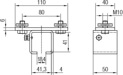Abmessungen Schienenhalter, einteilig mit Vierkantmutter für Befestigung an Spannarmen