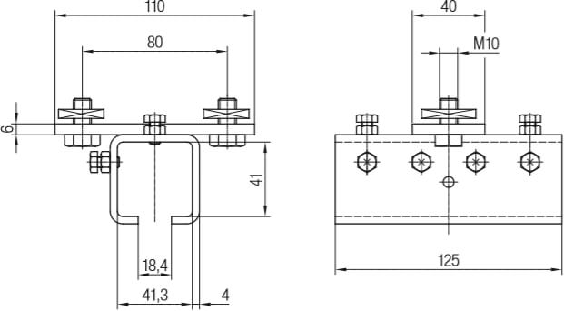 Abmessungen Schienenhalter und –verbinder, einteilig mit Vierkantmutter für Befestigung an Spannarmen