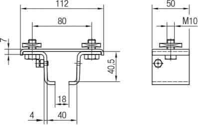 Abmessungen Schienenhalter, dreiteilig mit Vierkantmutter für Befestigung an Spannarmen