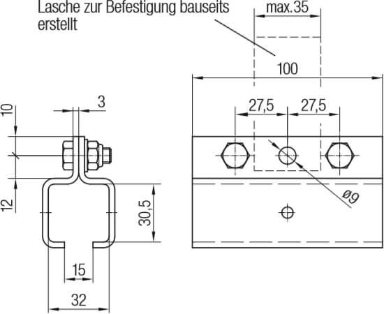 Abmessungen der Conductix-Wampfler zweiteiligen C-Schieneverbinder aus dem Programm 230