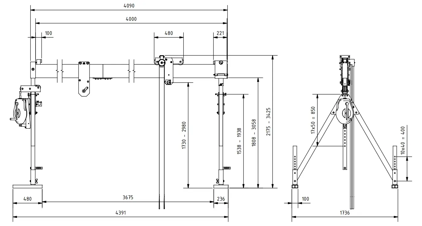 Schilling 13291040-001 Portalkran mit teilbarem Träger und Blocfor-Höhensicherungsgerät Abmessungen