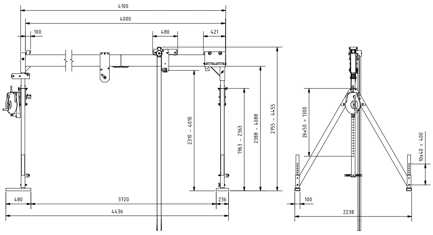 Schilling 13391040-001 Portalkran mit teilbarem Träger und Blocfor-Höhensicherungsgerät Abmessungen