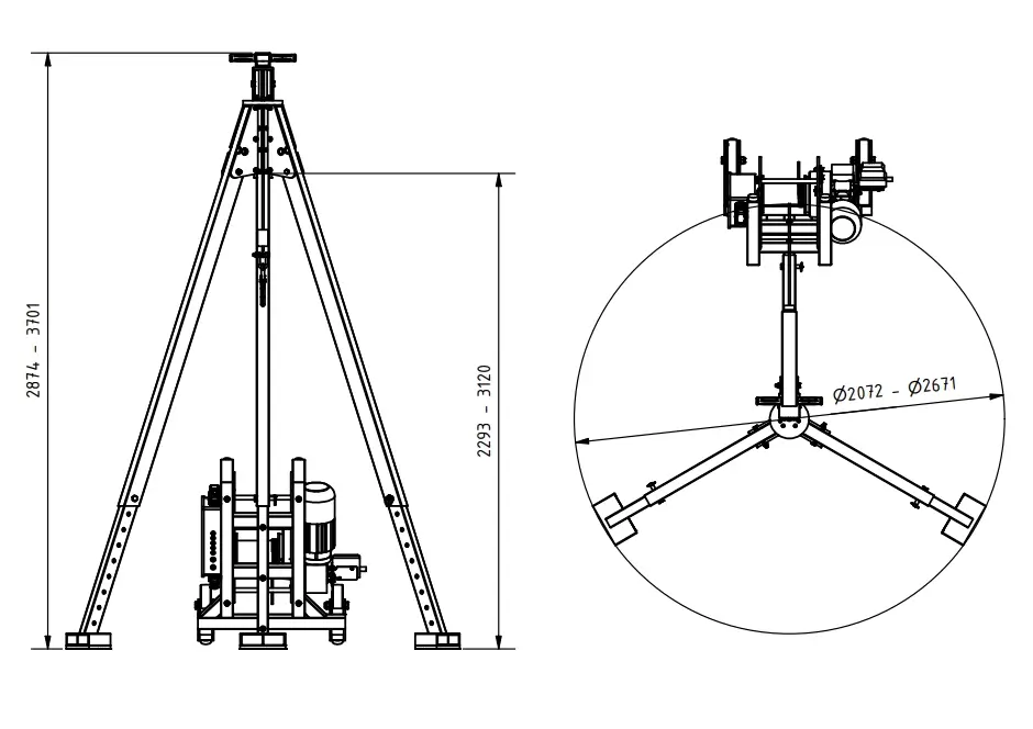 Abmessungen des Schilling 161002 Dreibock klappbar mit elektrischer Seilwinde