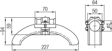 Abmessungen der Conductix-Wampfler Schlauchhalter für Befestigung am Bügel