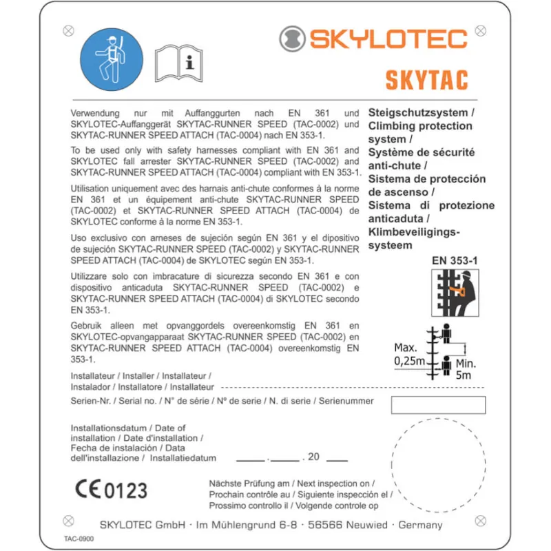 SKYLOTEC LABEL TAC – Typenschild / PSA-Hinweisschild für SKYTAC
