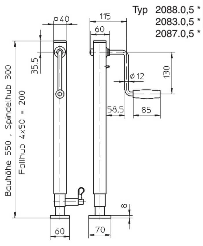 Maßzeichnung Haacon Spindelwinde 0,5t