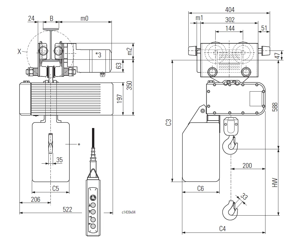 Abmessungen des Stahl-CraneSystem Elektrokettenzuges mit Elektrofahrwerk