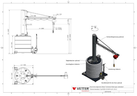 Vetter Krantechnik GmbH - Abemssungen des Mobilen Schwenkkrans mit leichtem Ausleger aus Aluminiumprofil MOBILUS MOB12-US
