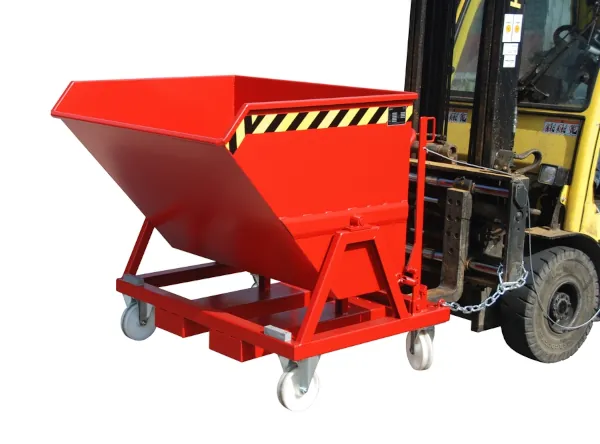 Bauer Kippmulde Typ KS – mit Rollenfahrwerk, Schiebegriff und Zugseil-Auslösung (TOMANRO)