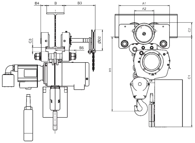 Hadef Druckluftkettenzug APH 70/06 AP4-AP8 Abmessungen