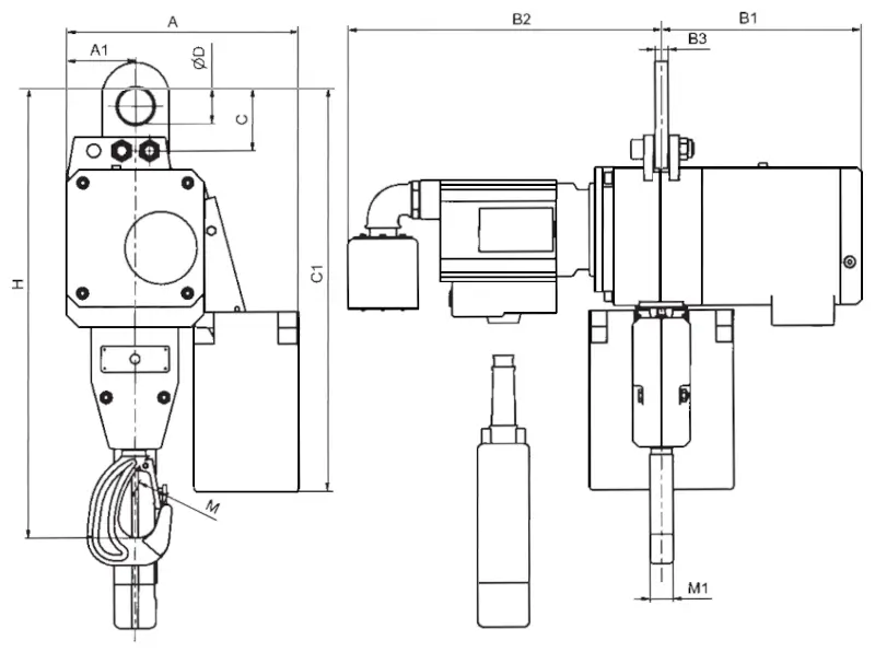 Hadef Druckluftkettenzug APP 70-06 AP4-AP8 Abmessungen
