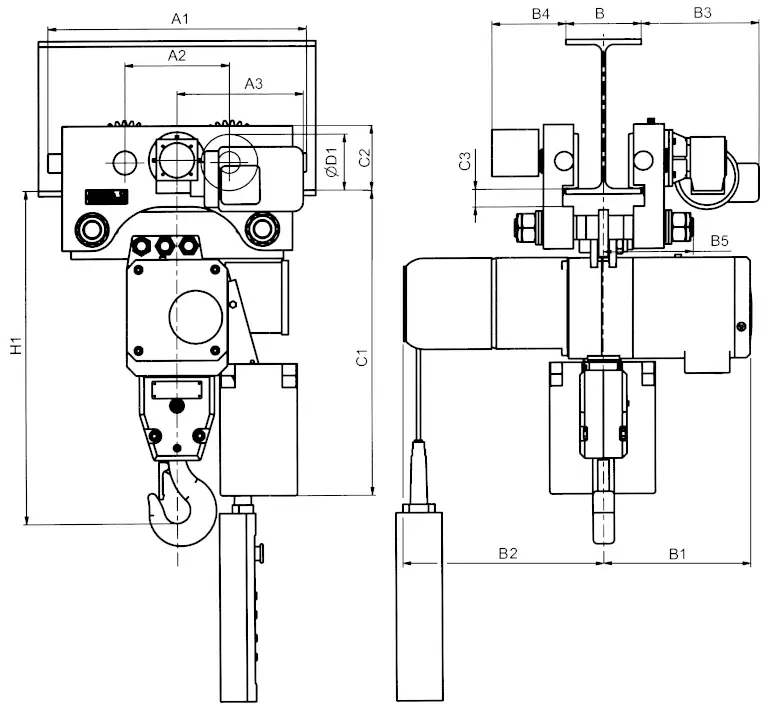 Masszeichnung von Hadef Elektrokettenzug 66/04 AKE