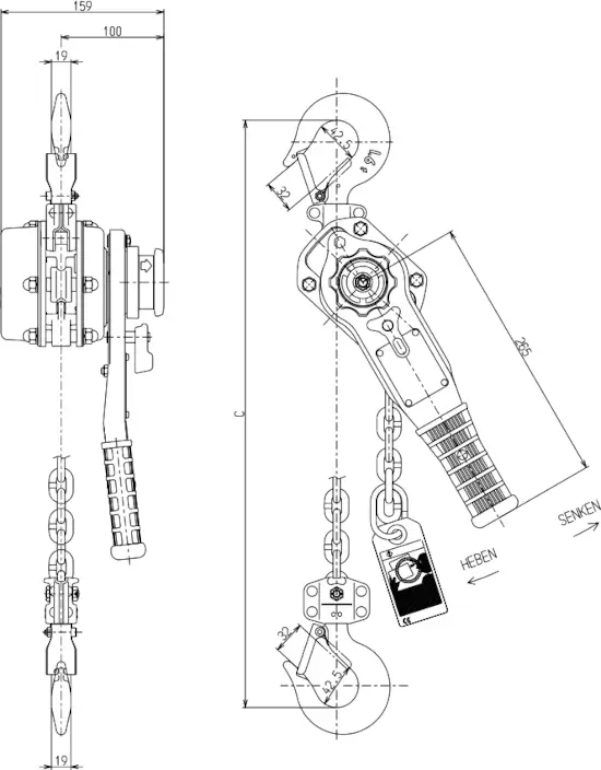 Abmessungen Kito Ratschzug 1600kg