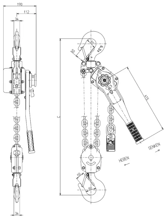 Abmessungen Kito Ratschzug 6300kg
