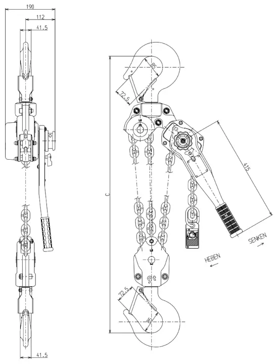 Abmessungen Kito Ratschzug 9000kg